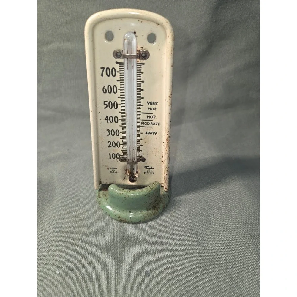 Vintage Taylor Oven Thermometer Enamel Metal Cream Green 100-700 Degrees USA